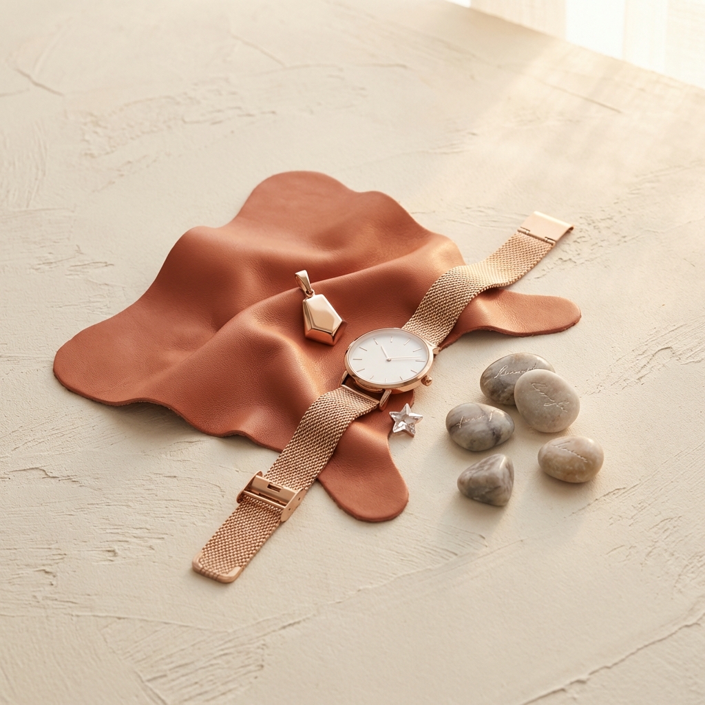 Montre et bijoux or rosé sur cuir camel, ambiance premium