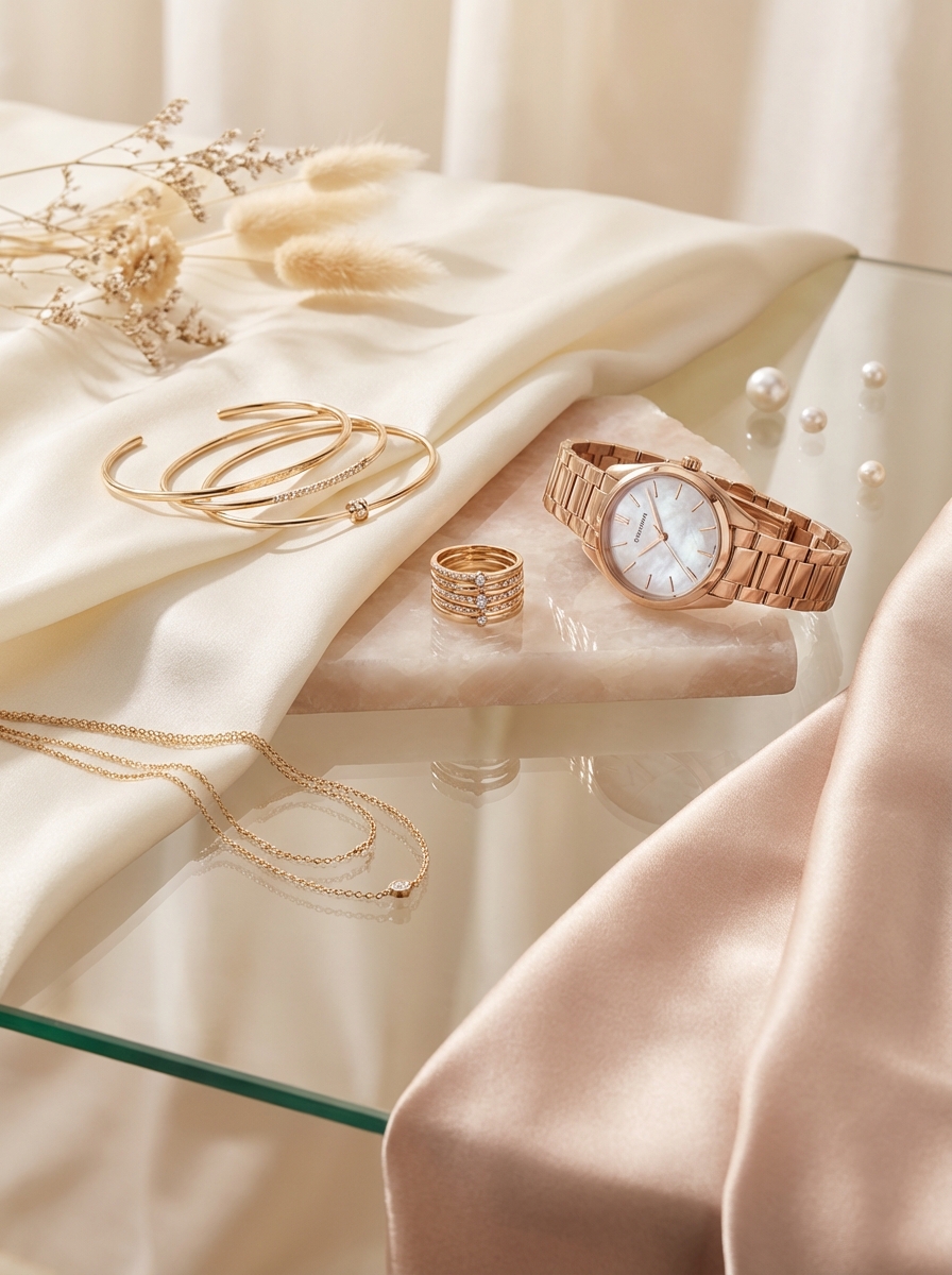 Bijoux et montre premium sur soie beige rosée