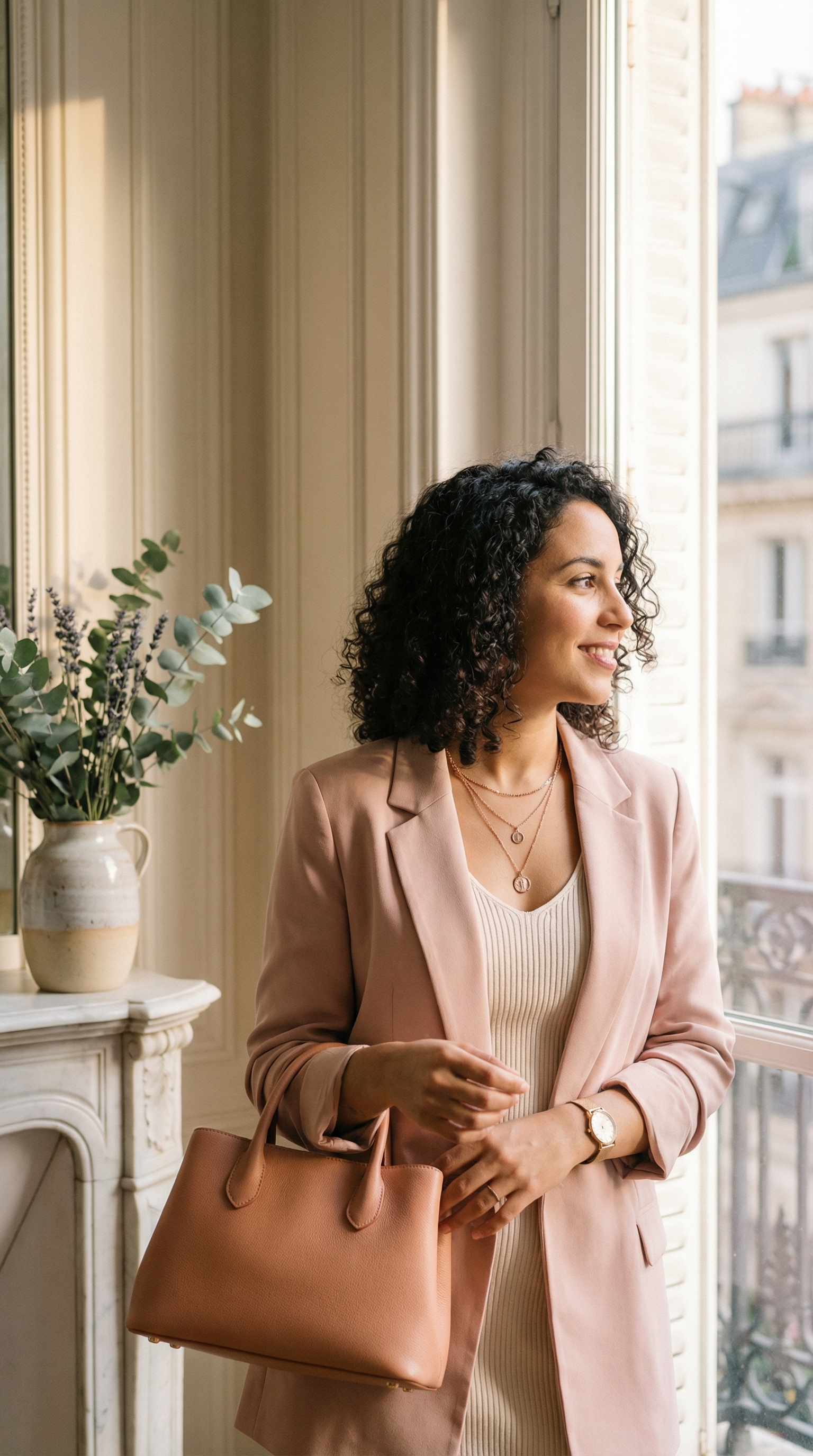 Femme élégante tenant un sac, style chic